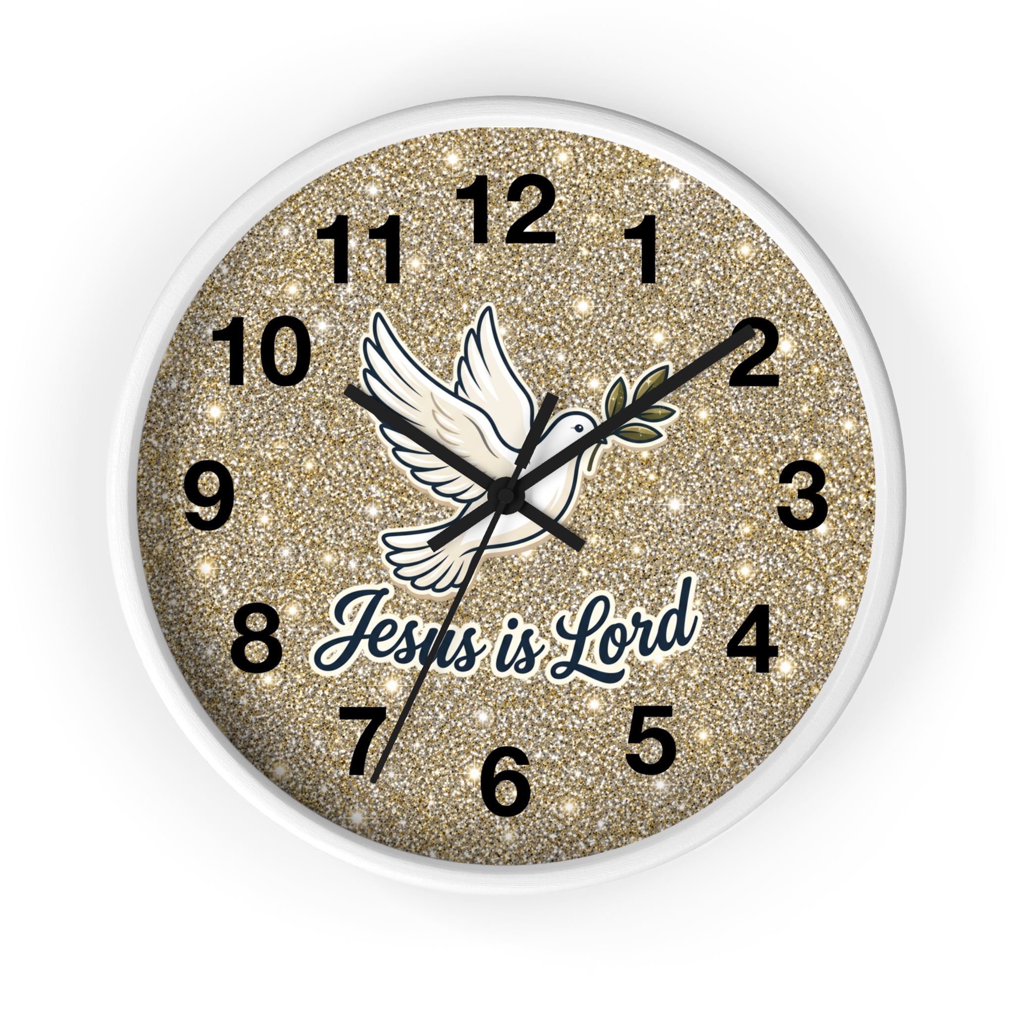 Round Christian wall clock featuring a white dove carrying an olive branch above the words "Jesus Is Lord" on a warm gold shimmer background with a wood frame and silent quartz movement.
