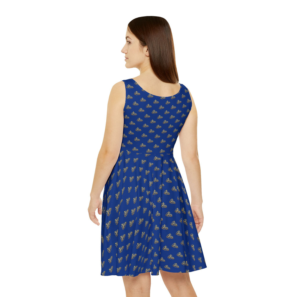Women's Jesus Script Skater Dress – Blue & Gold Christian Faith Dress | Elegant Church & Event Wear