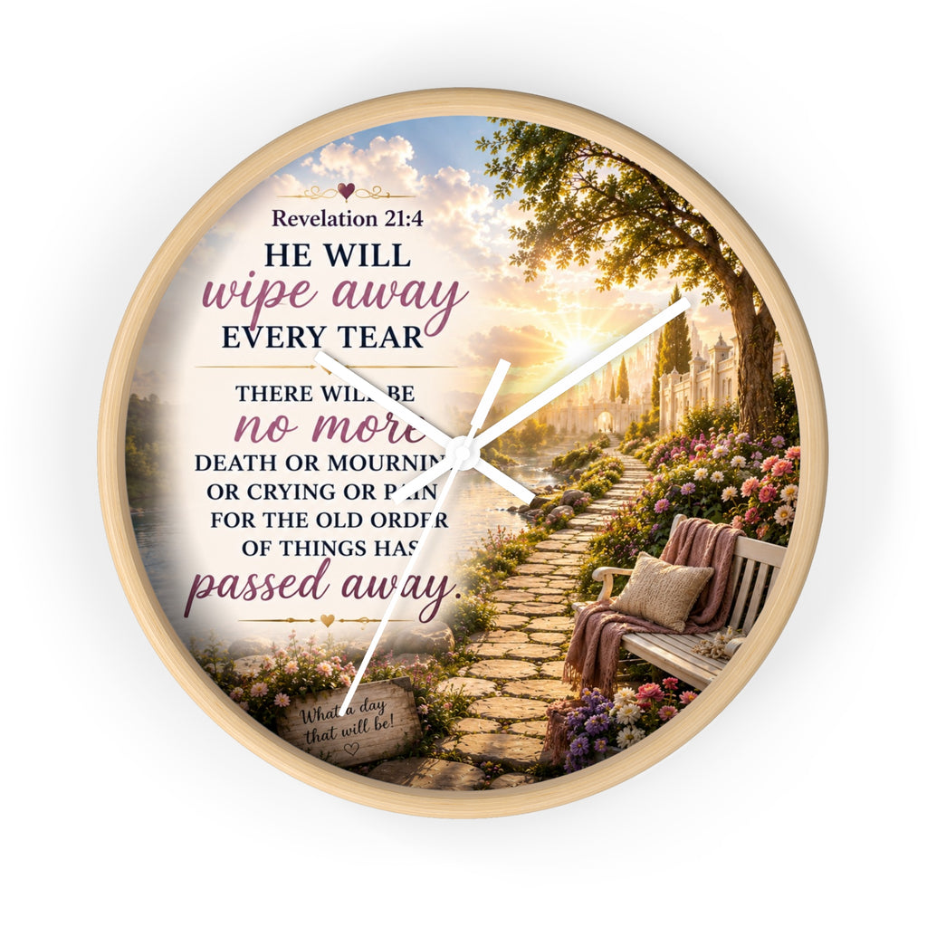 Revelation 21:4 Wall Clock | Christian Prayer Garden Decor | Inspirational Silent Wall Clock