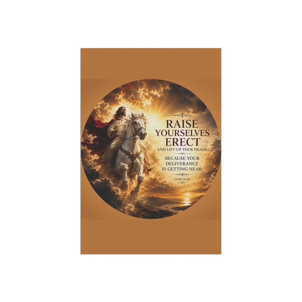 Jesus Rides White Horse Garden Flag | Luke 21:28 Inspirational Outdoor Banner | Christian Garden Decor