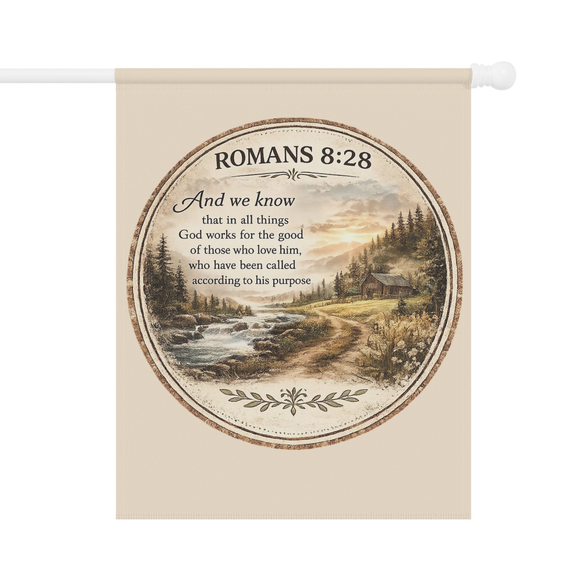 Romans 8:28 Garden Flag | Christian Faith Yard Banner | Inspirational Rustic Outdoor Decor