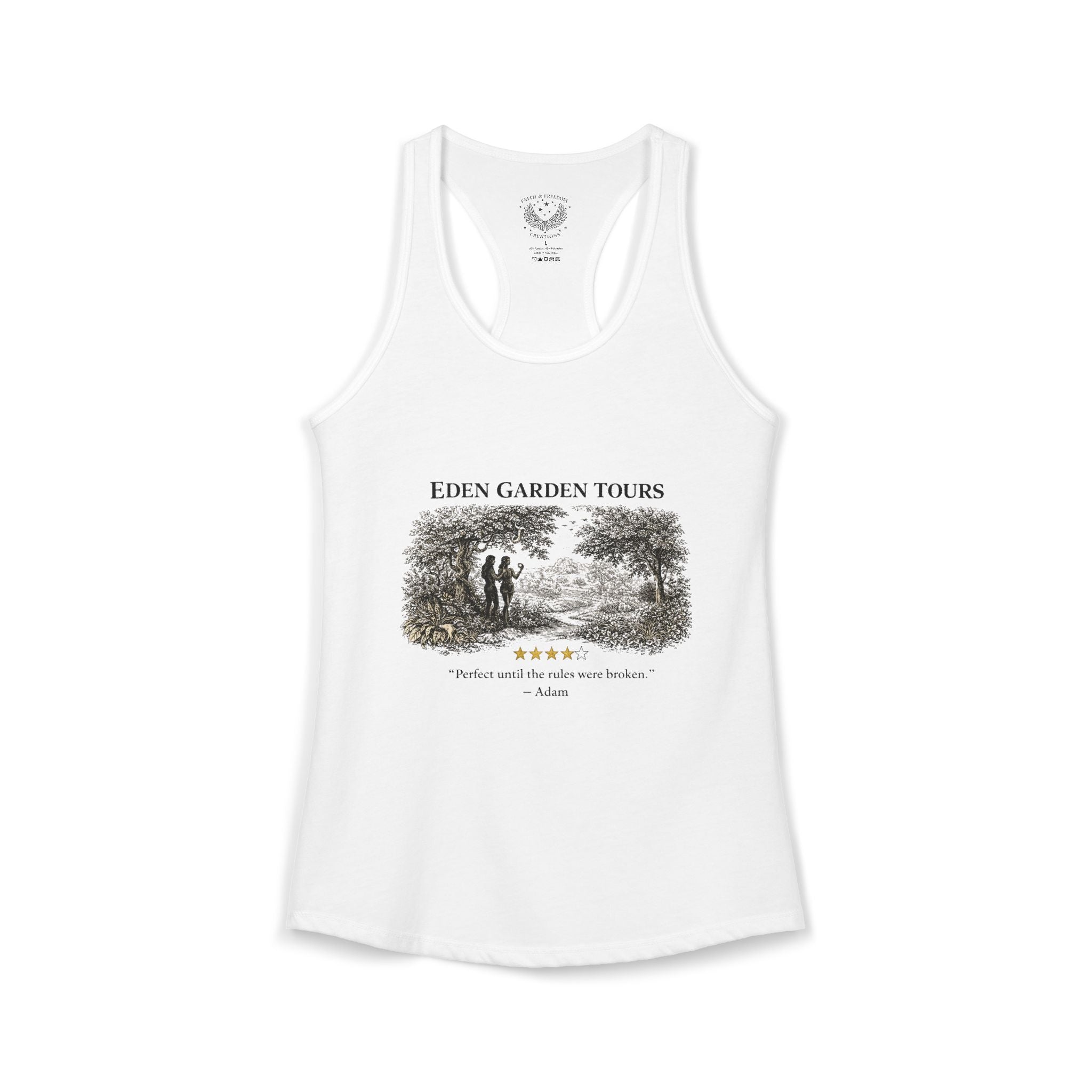 Eden Garden Tours Women's Racerback Tank — 'Adam's Review' Graphic