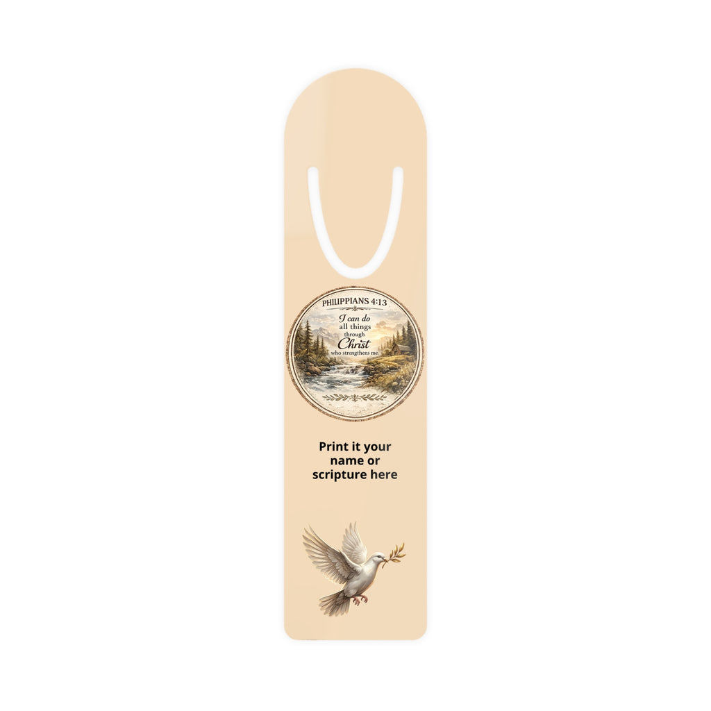 Personalized Christian aluminum bookmark featuring a peaceful dove, Philippians 4:13 scripture medallion, custom name option, brushed metal backing, and secure page-holding slot.