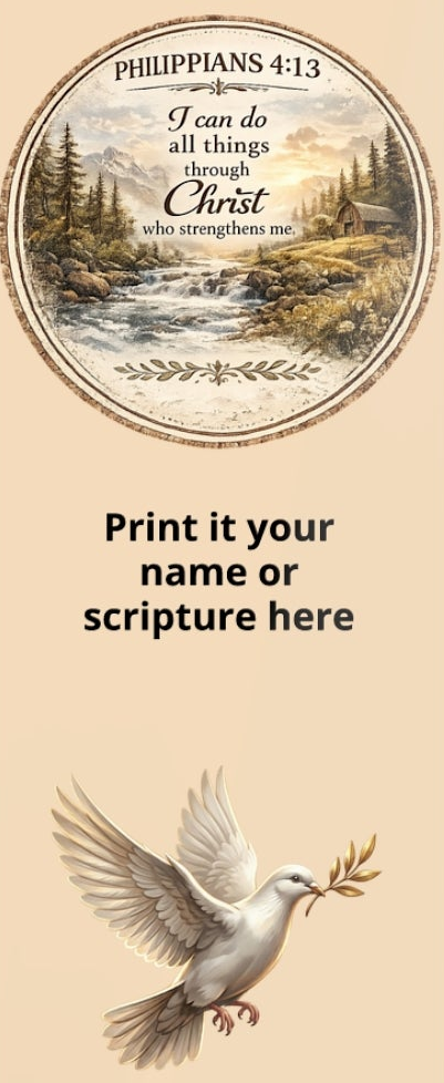 Personalized Christian aluminum bookmark featuring a peaceful dove, Philippians 4:13 scripture medallion, custom name option, brushed metal backing, and secure page-holding slot.