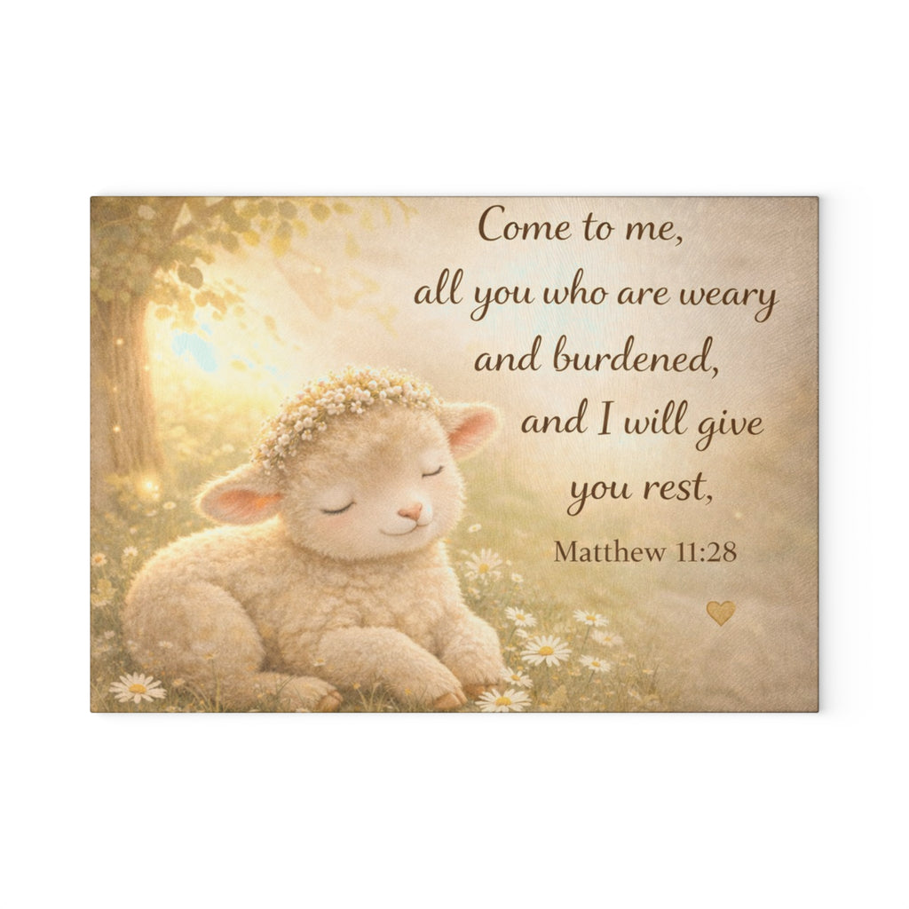 Matthew 11:28 Lamb Glass Cutting Board – Christian Faith Kitchen Decor | Inspirational Scripture Kitchen Board