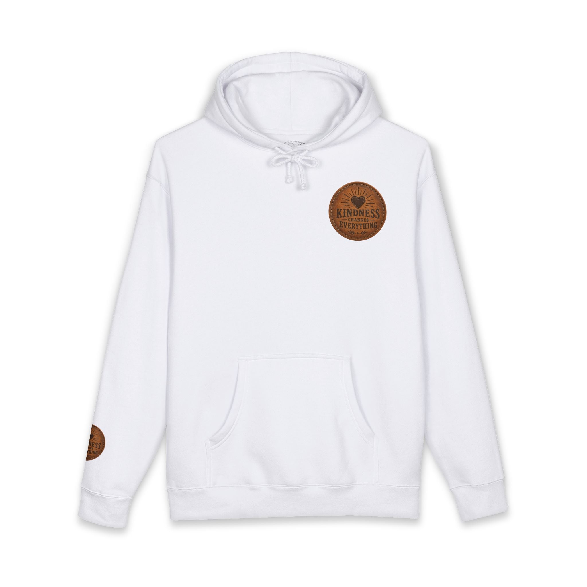 Heavyweight hoodie featuring vintage leather-style "Kindness Changes Everything" patch artwork on the chest, elbow, and back with a relaxed fleece-lined design.
