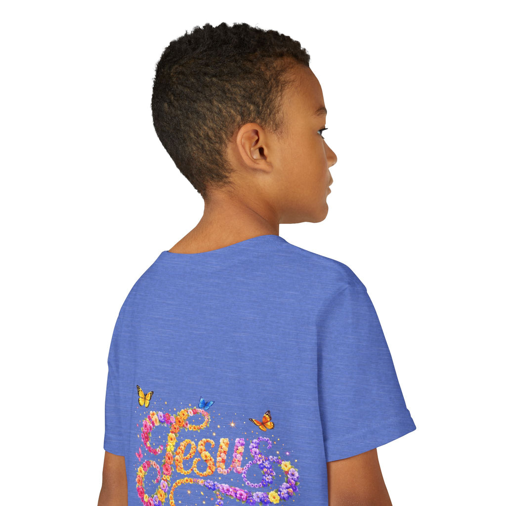 Youth Jesus Floral Script T-Shirt – Butterfly Christian Kids Tee | Faith Youth Shirt