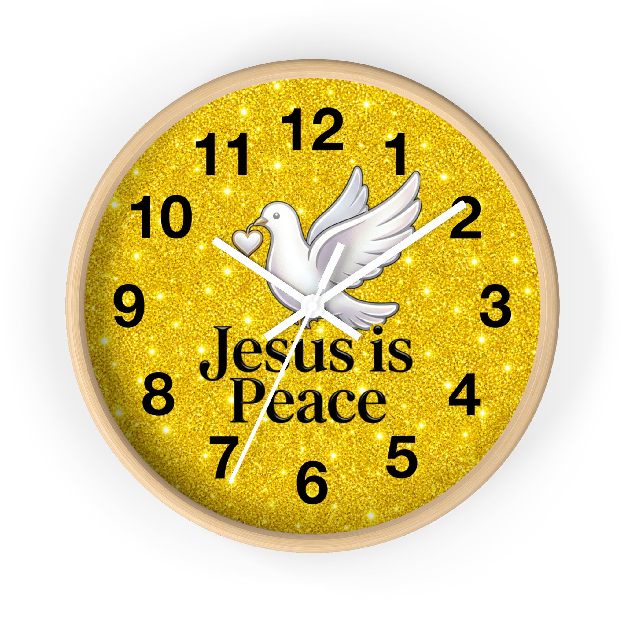 A round wall clock with a light wood frame and a glittery gold face. The clock features a white dove in the center, black Arabic numerals, and the text 'Jesus is Peace' in black.