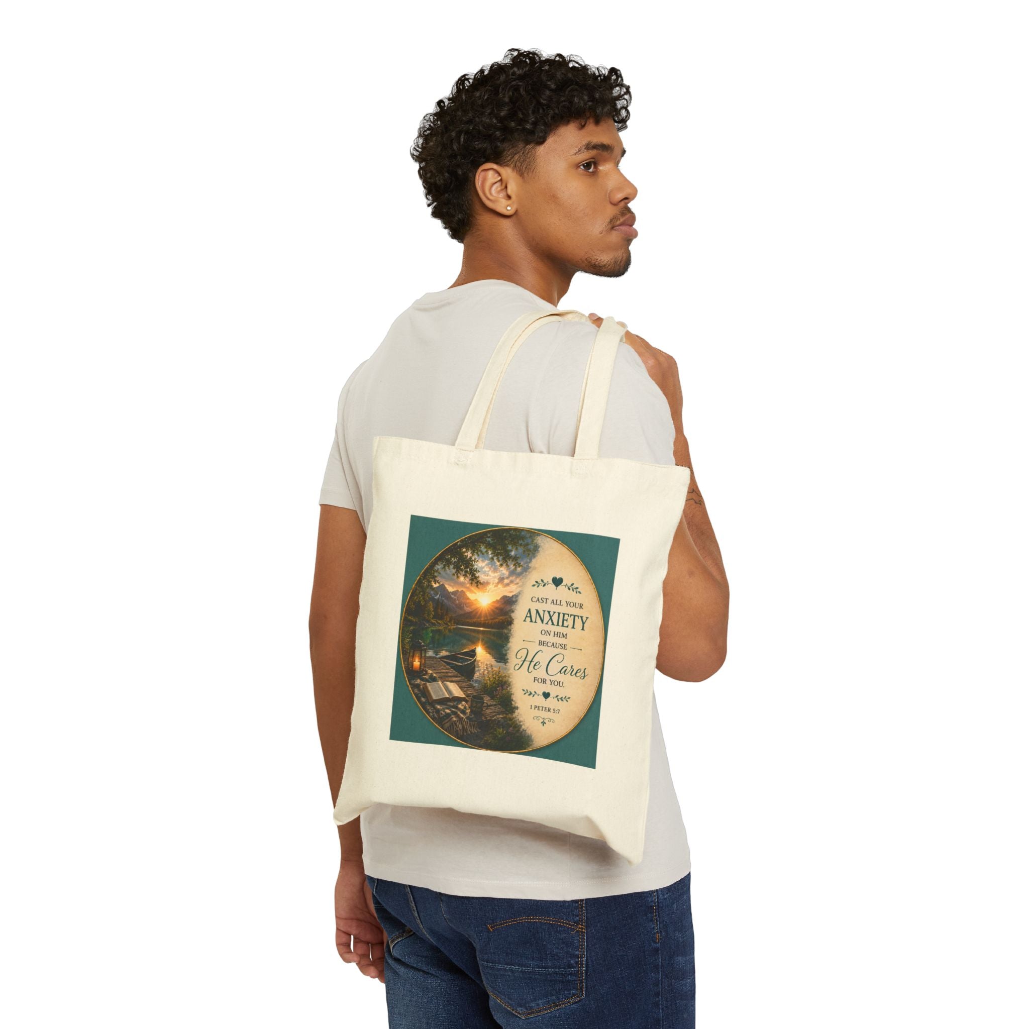 Cast All Your Anxiety Tote Bag | 1 Peter 5:7 Christian Canvas Tote | Inspirational Scripture Bag