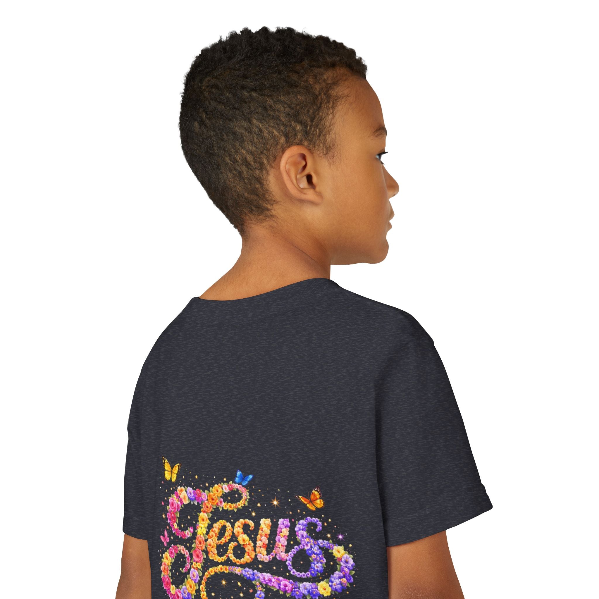Youth Jesus Floral Script T-Shirt – Butterfly Christian Kids Tee | Faith Youth Shirt