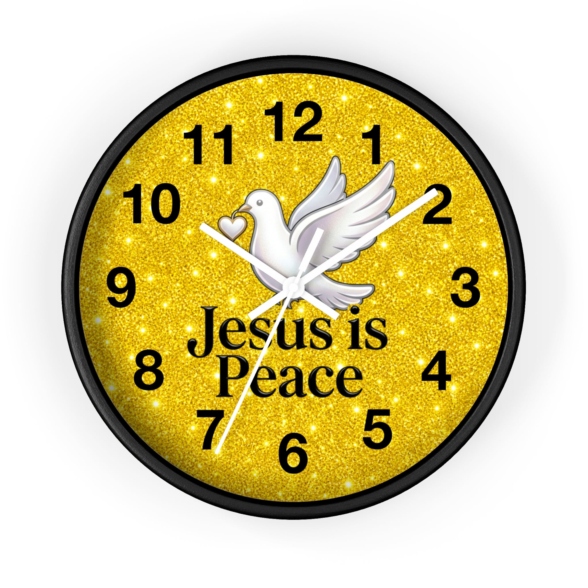 A round wall clock with a black frame and a glittery gold face. The clock face features a white dove in the center, black Arabic numerals, and the text 'Jesus is Peace' in black.