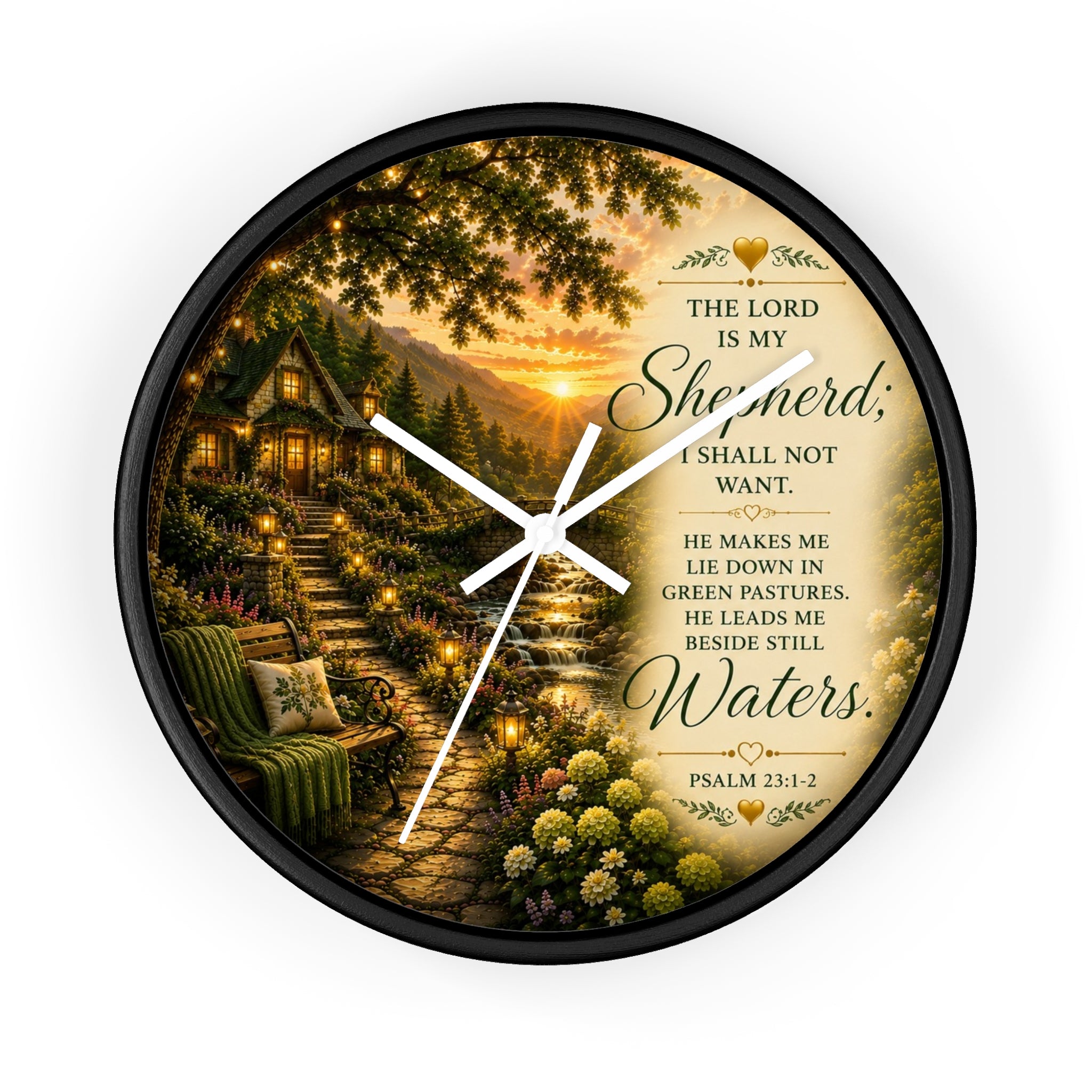 Inspirational Christian wall clock featuring a lantern-lit cottage pathway at sunset with Psalm 23 scripture about the Lord being my Shepherd.