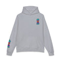 Relaxed Gray unisex pullover hoodie featuring colorful neon YOLO LOL JK BRB ~Jesus graffiti lettering, with a large back design and coordinating smaller chest and sleeve graphics.