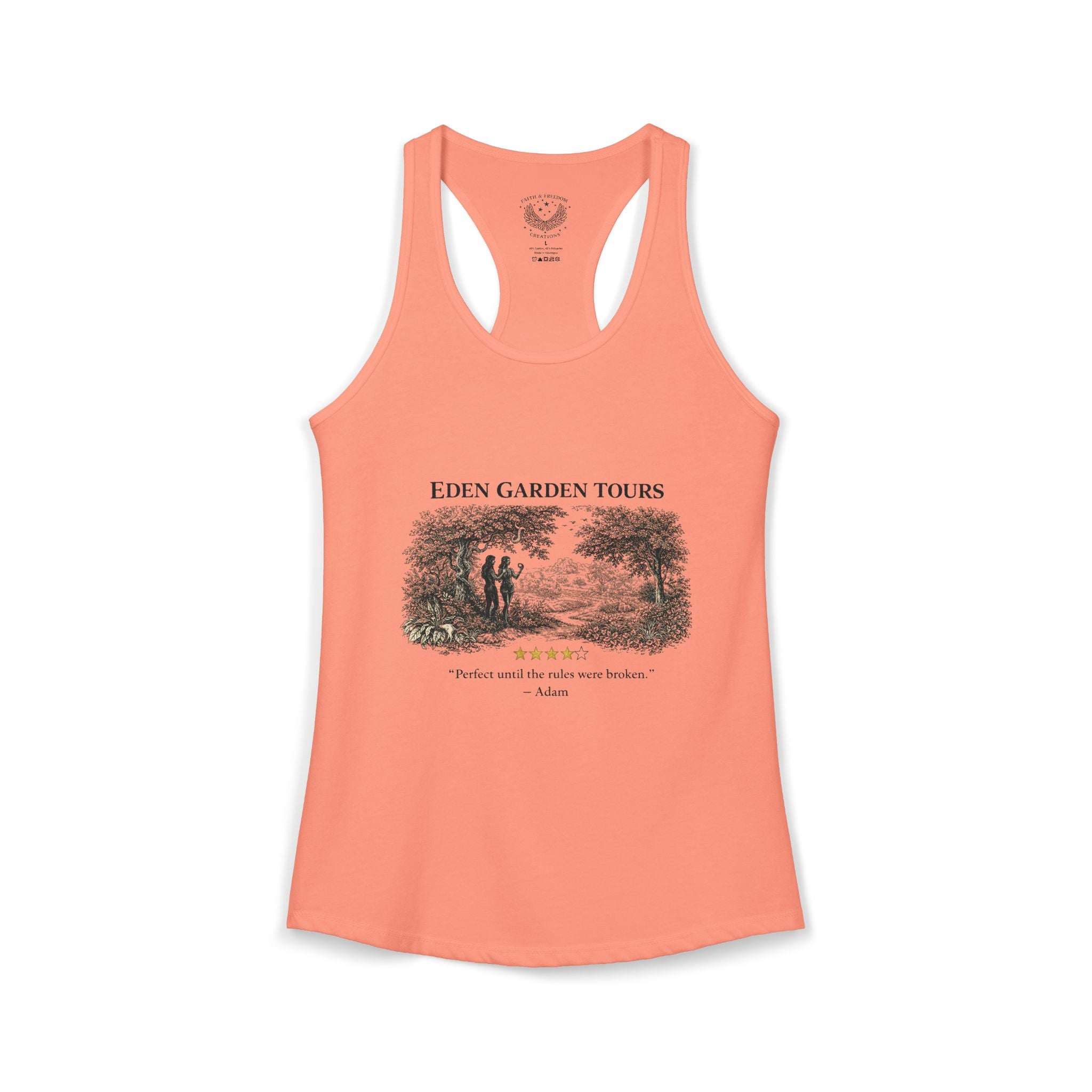 Eden Garden Tours Women's Racerback Tank — 'Adam's Review' Graphic