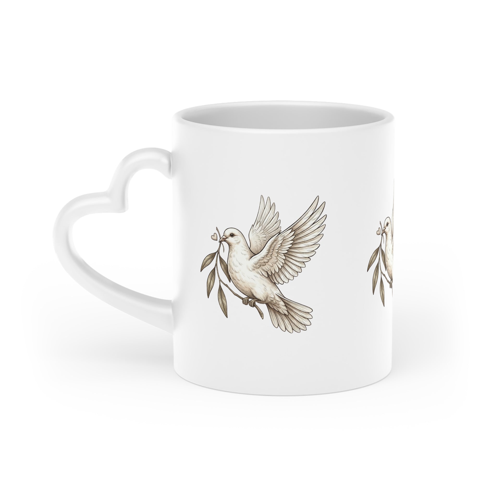 Peace Dove Heart-Shaped Mug — Olive Leaf Love Ceramic Coffee Cup