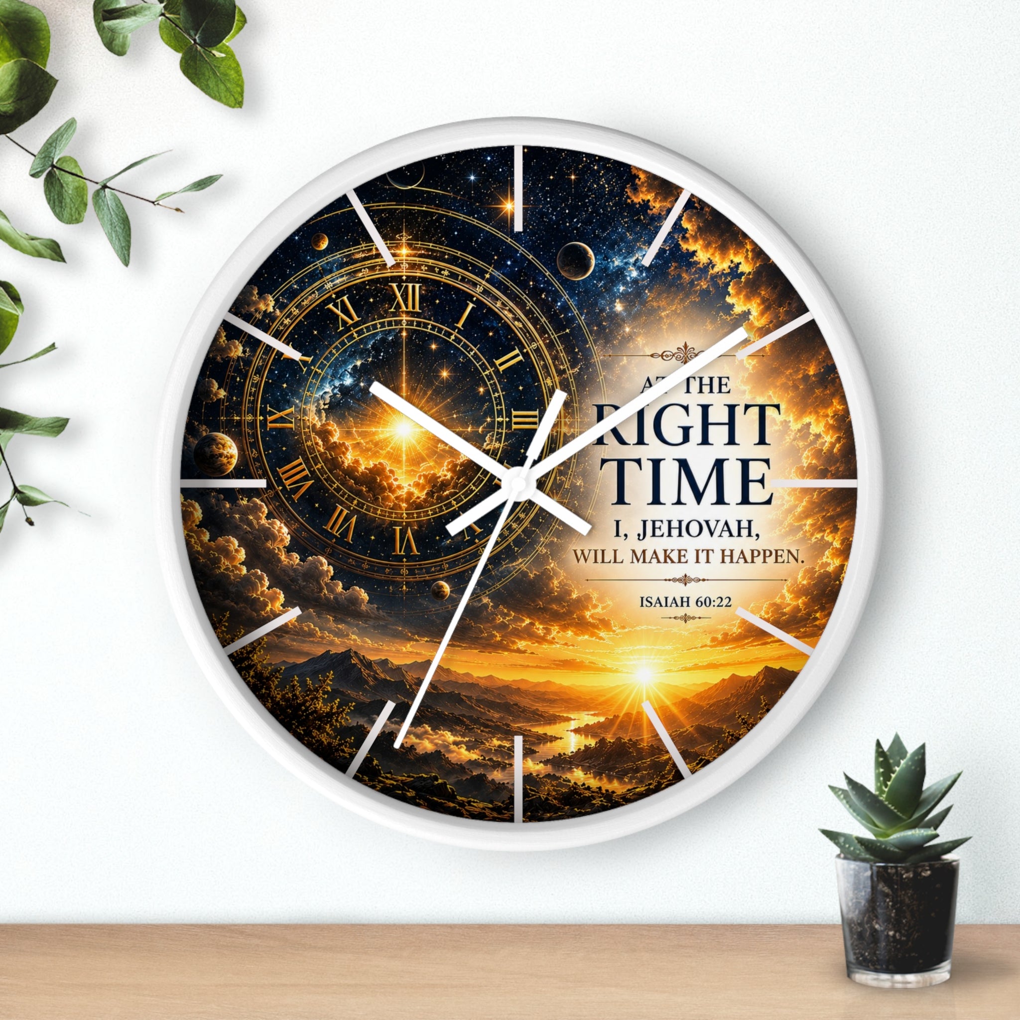 Inspirational Christian wall clock featuring celestial skies, glowing golden gears, and Isaiah 60:22 scripture with the phrase “The Right Time: I, Jehovah, Will Make It Happen.”