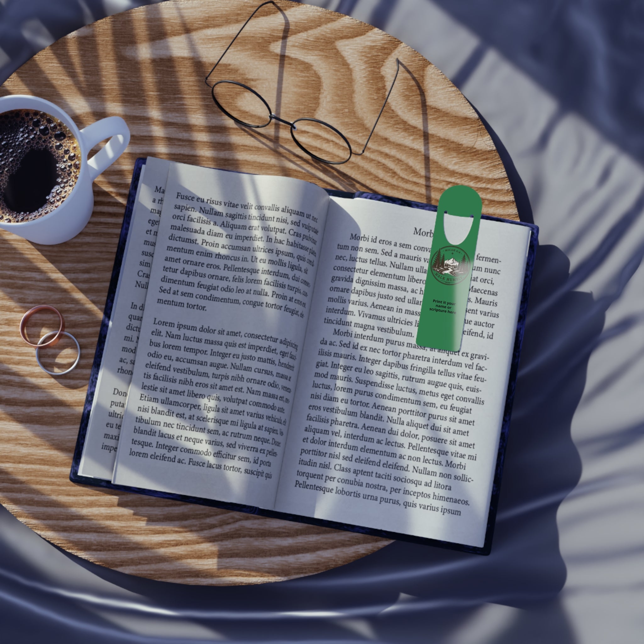 Personalized aluminum bookmark featuring a mountain trail nature emblem with custom name option, brushed metal backing, and secure page-holding slot for books, journals, and devotionals.