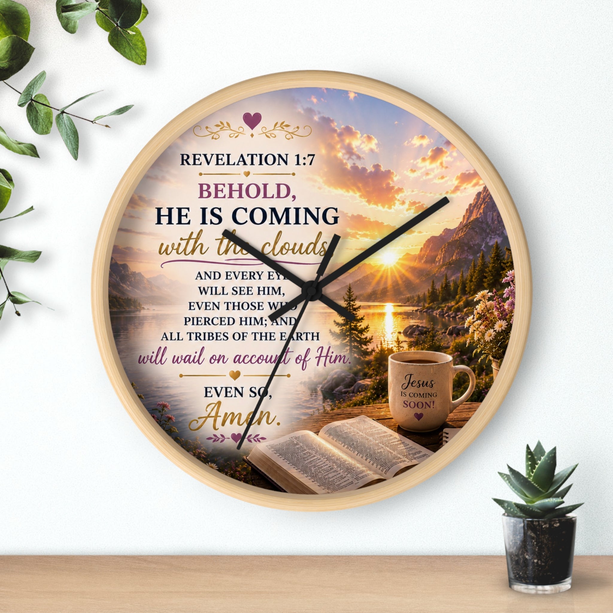 Revelation 1:7 Wall Clock | Behold He Is Coming Christian Scripture Clock | Inspirational Faith Decor