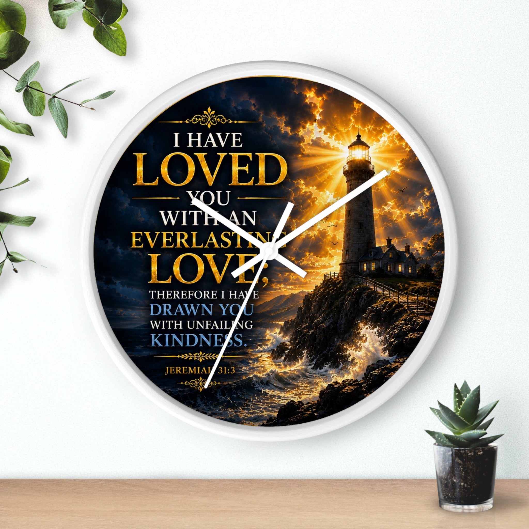 Inspirational Christian wall clock featuring a glowing lighthouse over stormy seas with Jeremiah 31:3 scripture about everlasting love in warm golden tones.