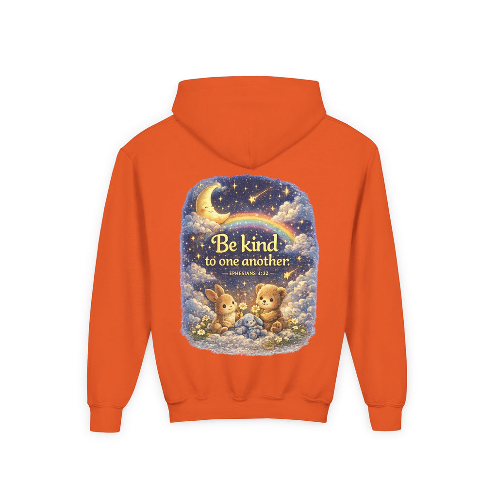 Youth “Be Kind to One Another” Hoodie – Cute Bunny Night Sky Scripture Sweatshirt