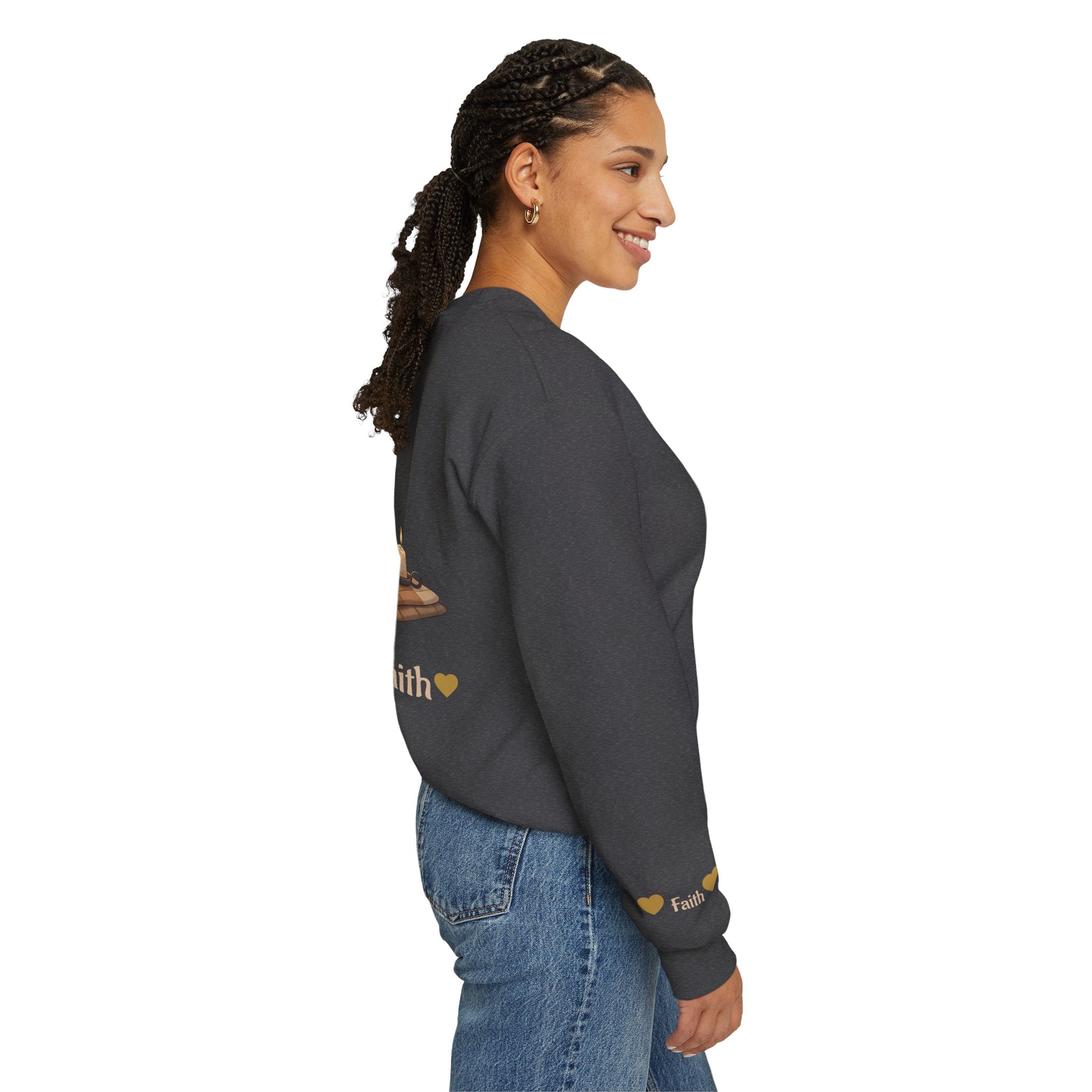 Faith Cozy Cat Crewneck Sweatshirt – Candlelight Cat Faith Sweatshirt | Quiet Comfort Apparel