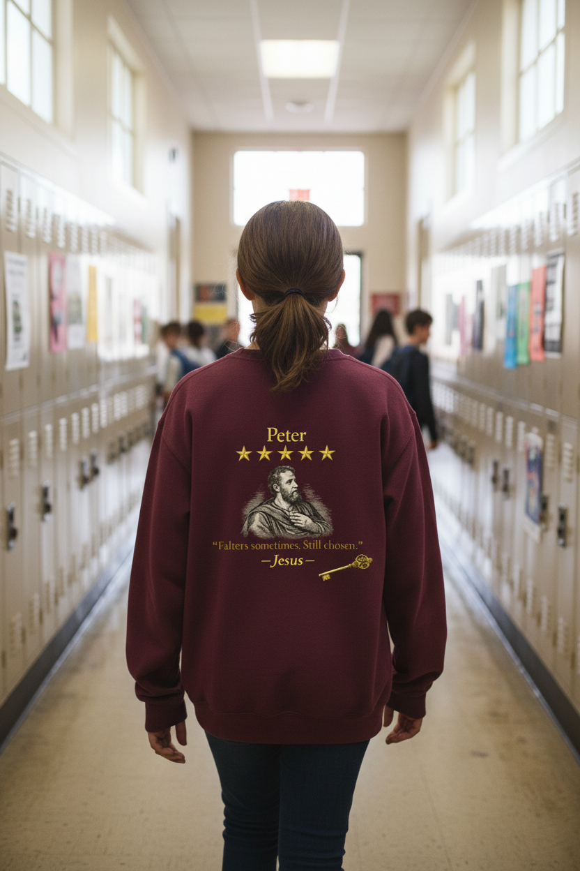 Peter – Youth Crewneck Sweatshirt | “Jesus’s Loving Review” Faith Graphic – Five-Star Faith Series