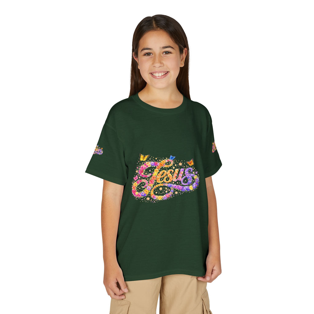 Youth Jesus Floral Butterfly T-Shirt – Christian Kids Faith Tee | Gratitude Sneaker Style Shirt
