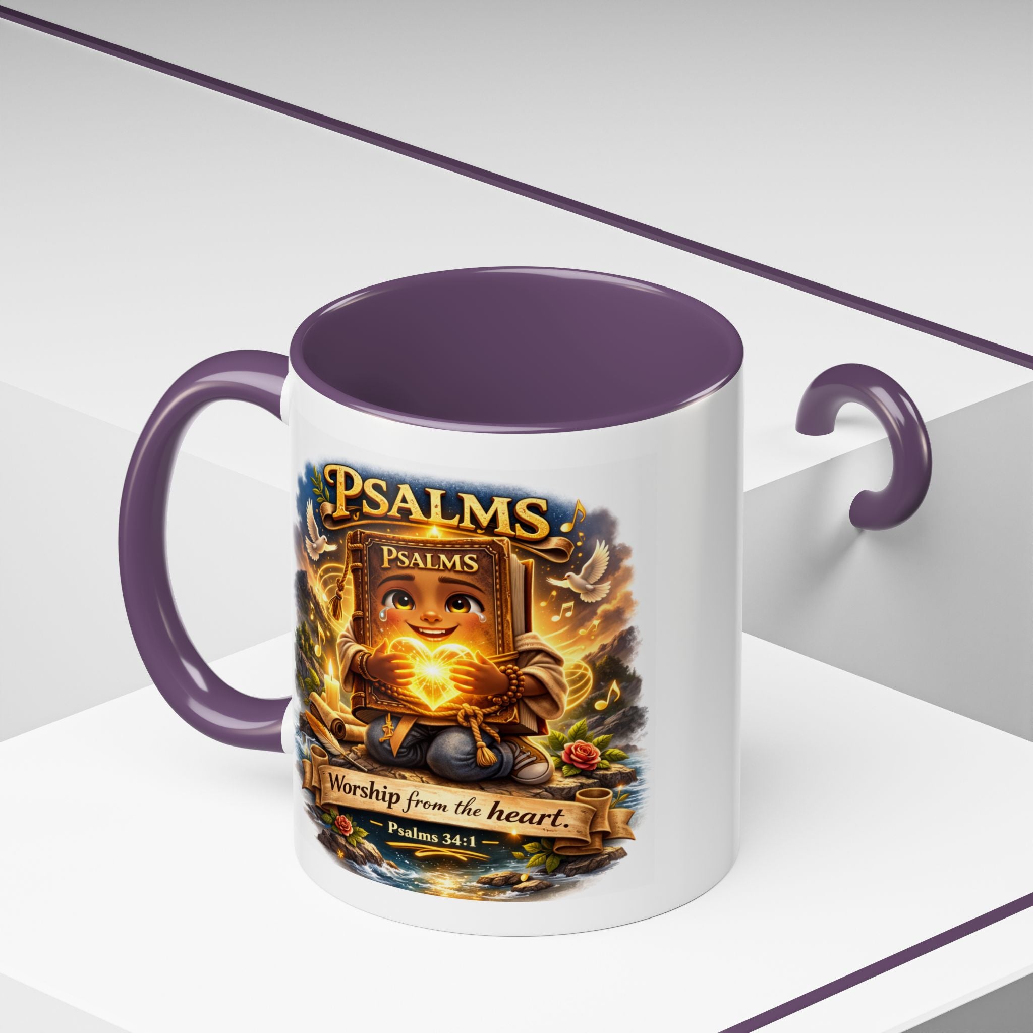 Inspirational Christian ceramic accent coffee mug featuring Psalm 34:1 and the message “Worship From the Heart” with colorful handle and interior accents on a glossy white mug.