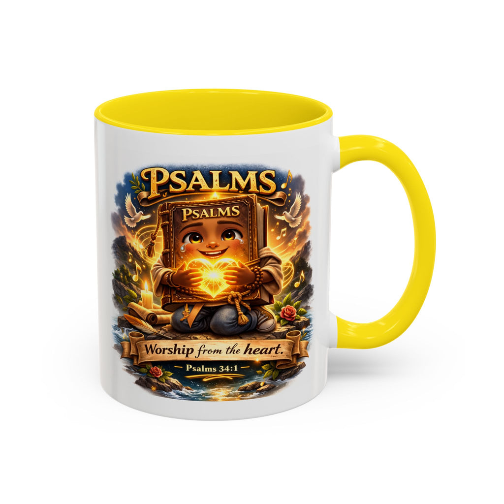 Inspirational Christian ceramic accent coffee mug featuring Psalm 34:1 and the message “Worship From the Heart” with colorful handle and interior accents on a glossy white mug.