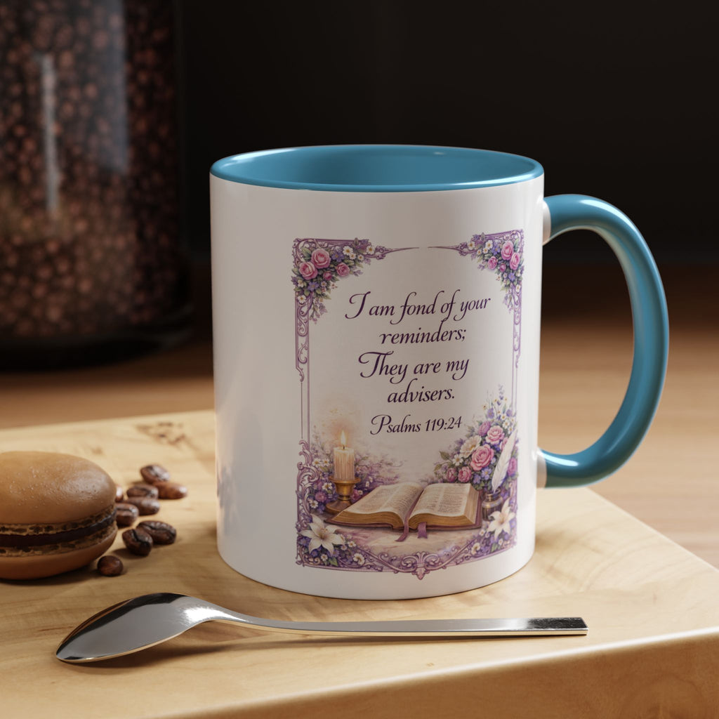 Inspirational Christian ceramic accent coffee mug featuring Psalm 119:24, delicate floral artwork, and the message “I am fond of your reminders” with colorful handle and interior accents.