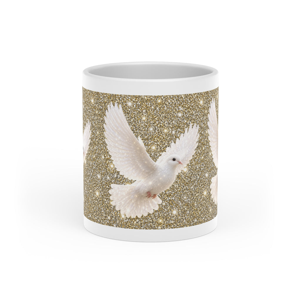 White ceramic heart-shaped handle mug featuring elegant white doves flying across a sparkling gold background with vibrant wraparound artwork.