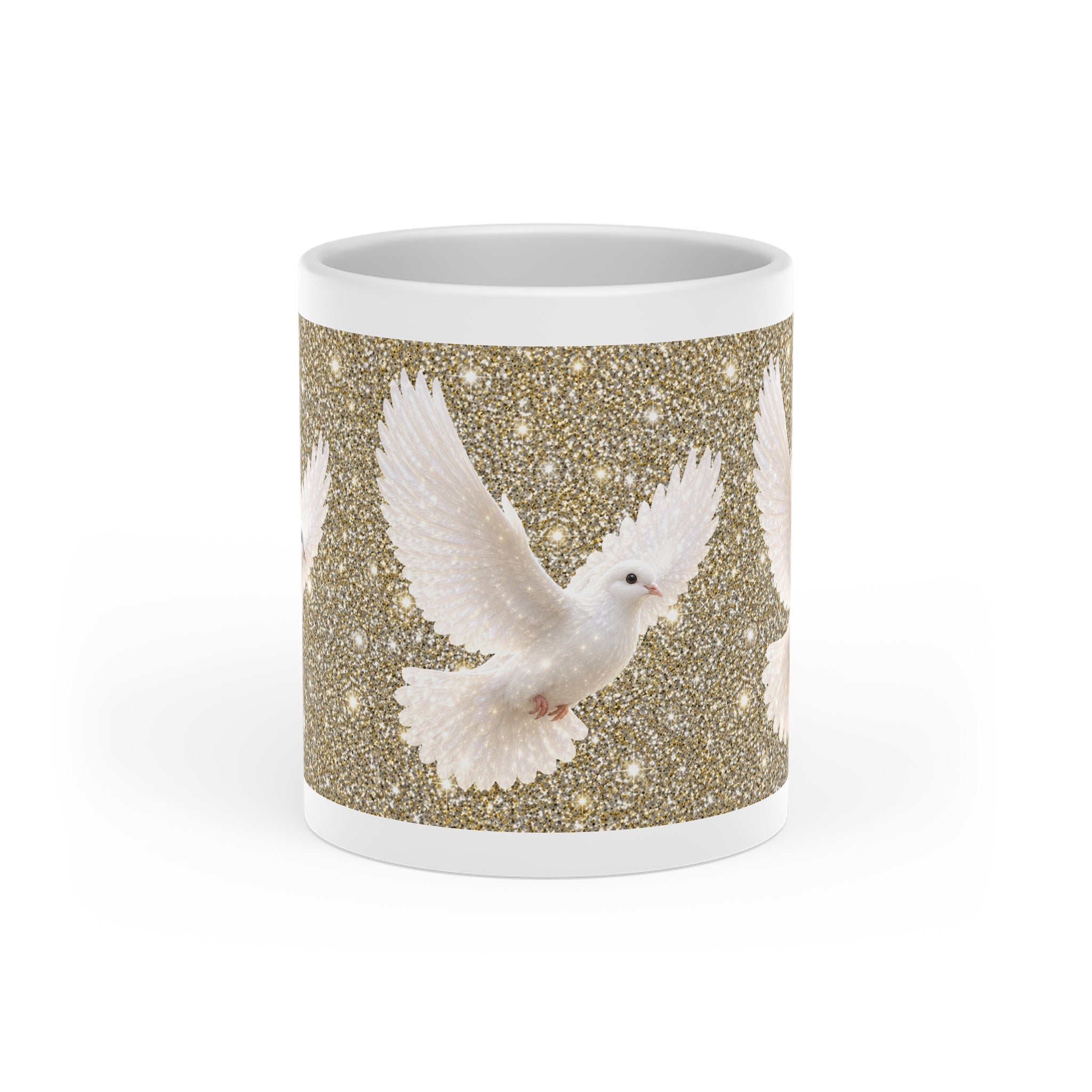 White ceramic heart-shaped handle mug featuring elegant white doves flying across a sparkling gold background with vibrant wraparound artwork.
