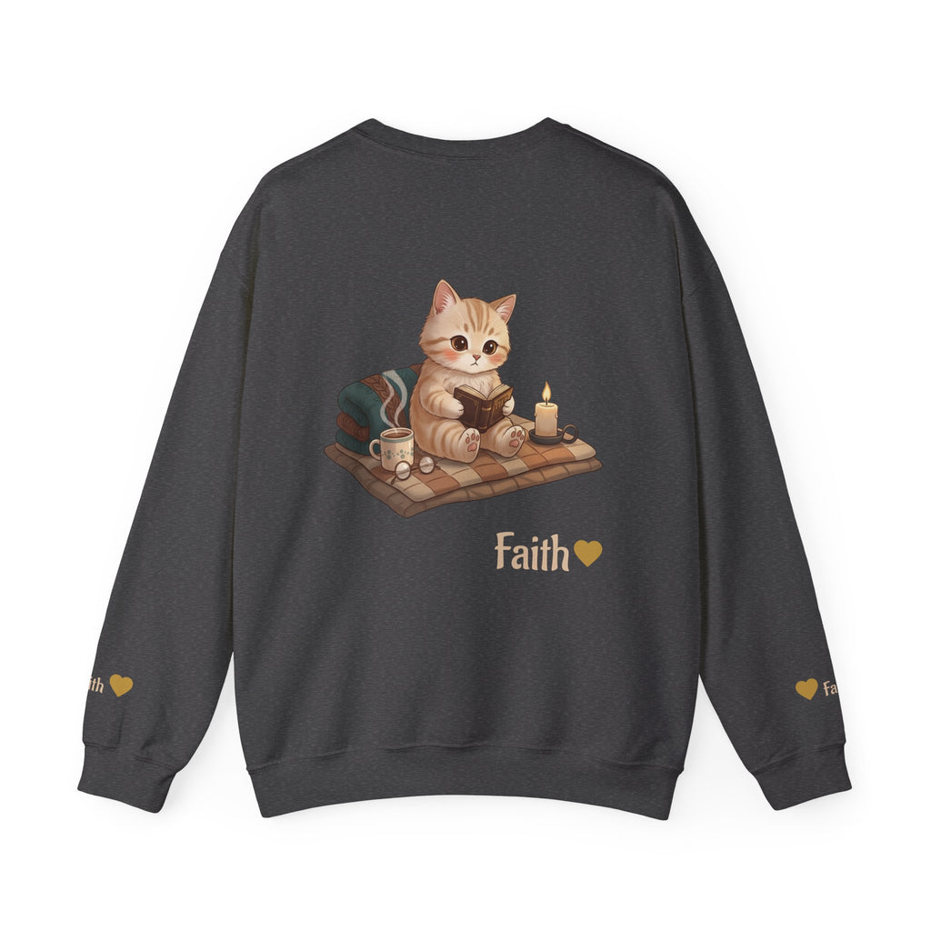 Faith Cozy Cat Crewneck Sweatshirt – Candlelight Cat Faith Sweatshirt | Quiet Comfort Apparel