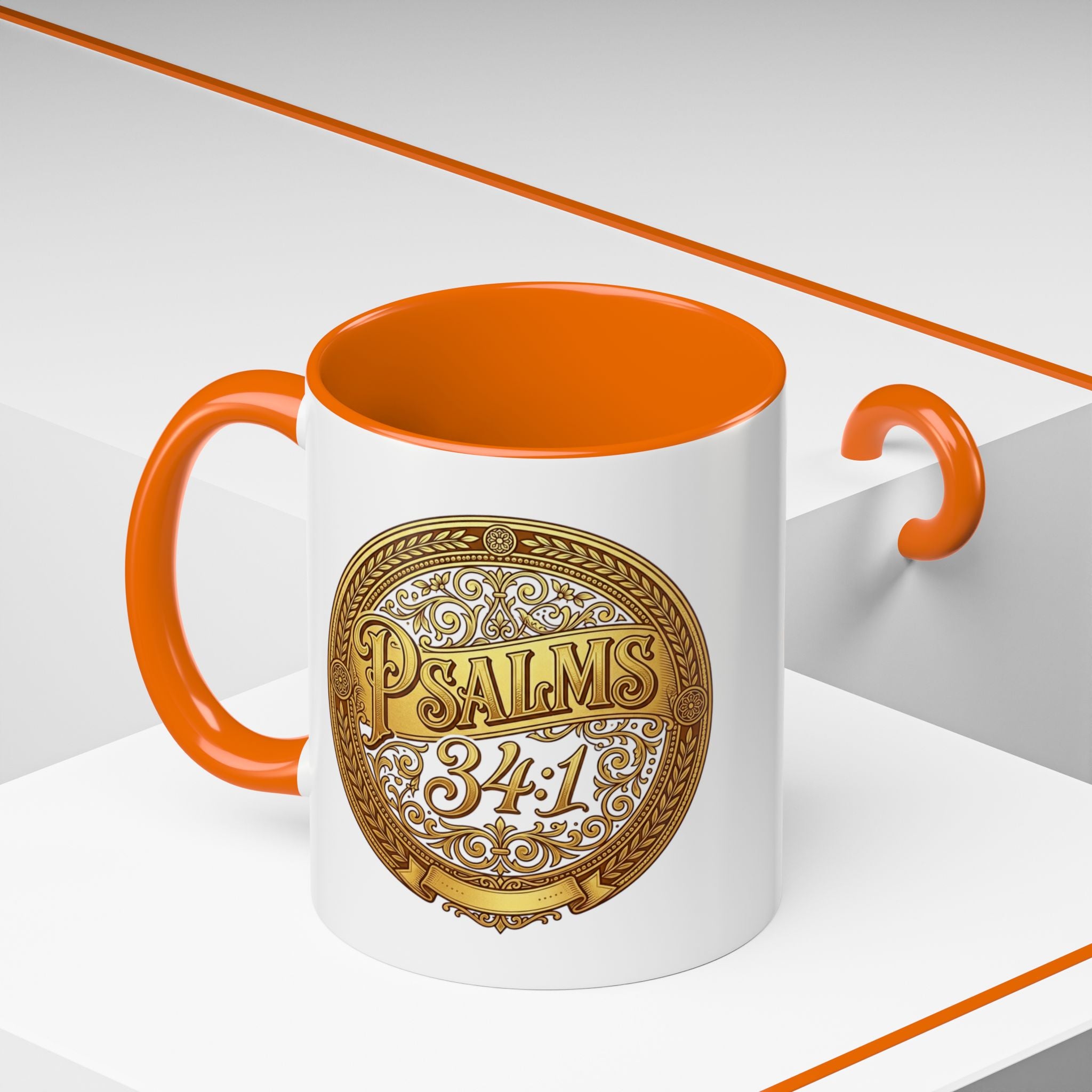 Inspirational Christian ceramic accent coffee mug featuring Psalm 34:1 in an ornate gold medallion design with colorful handle and interior accents.
