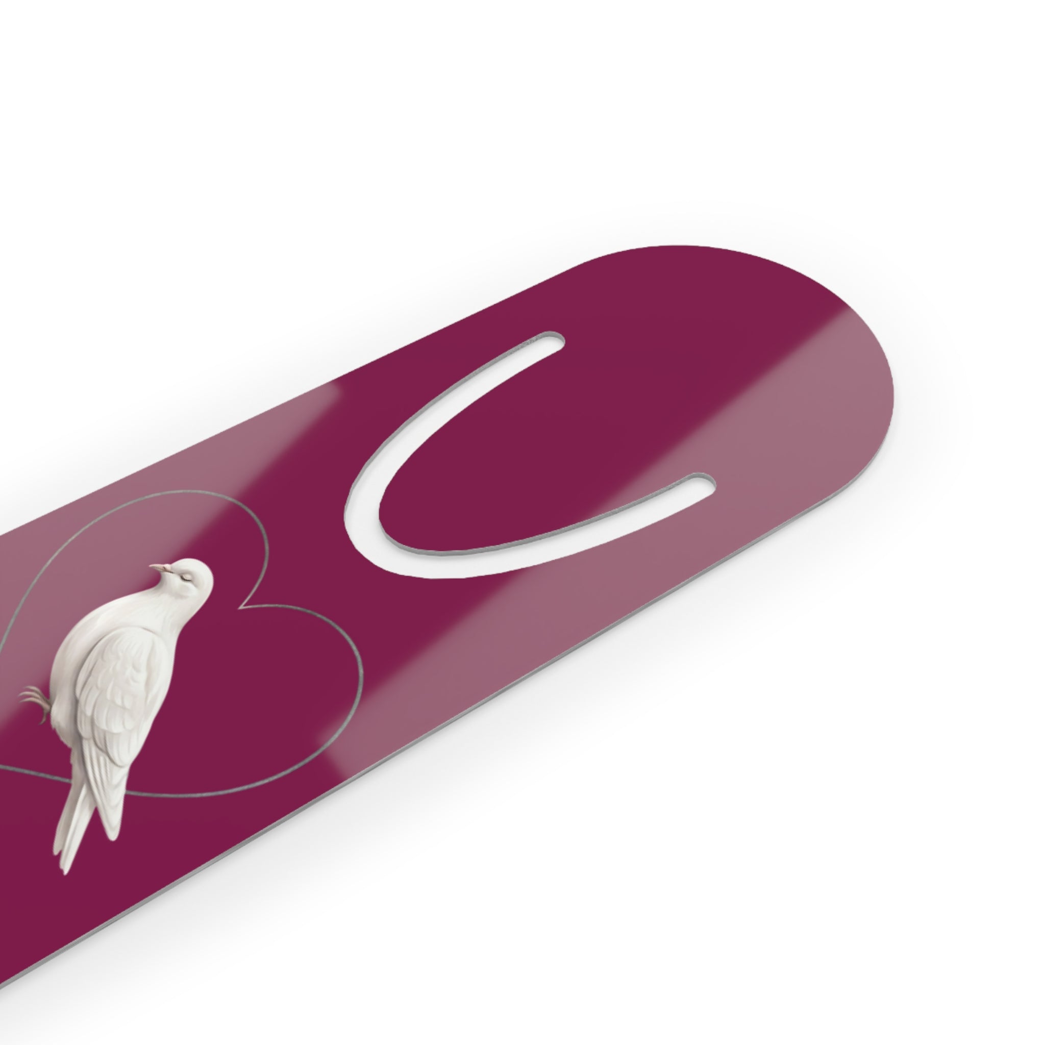 Personalized aluminum bookmark featuring a dove inside a heart design with custom name option, vibrant artwork, brushed metal backing, and secure page-holding slot for books, journals, and devotionals.