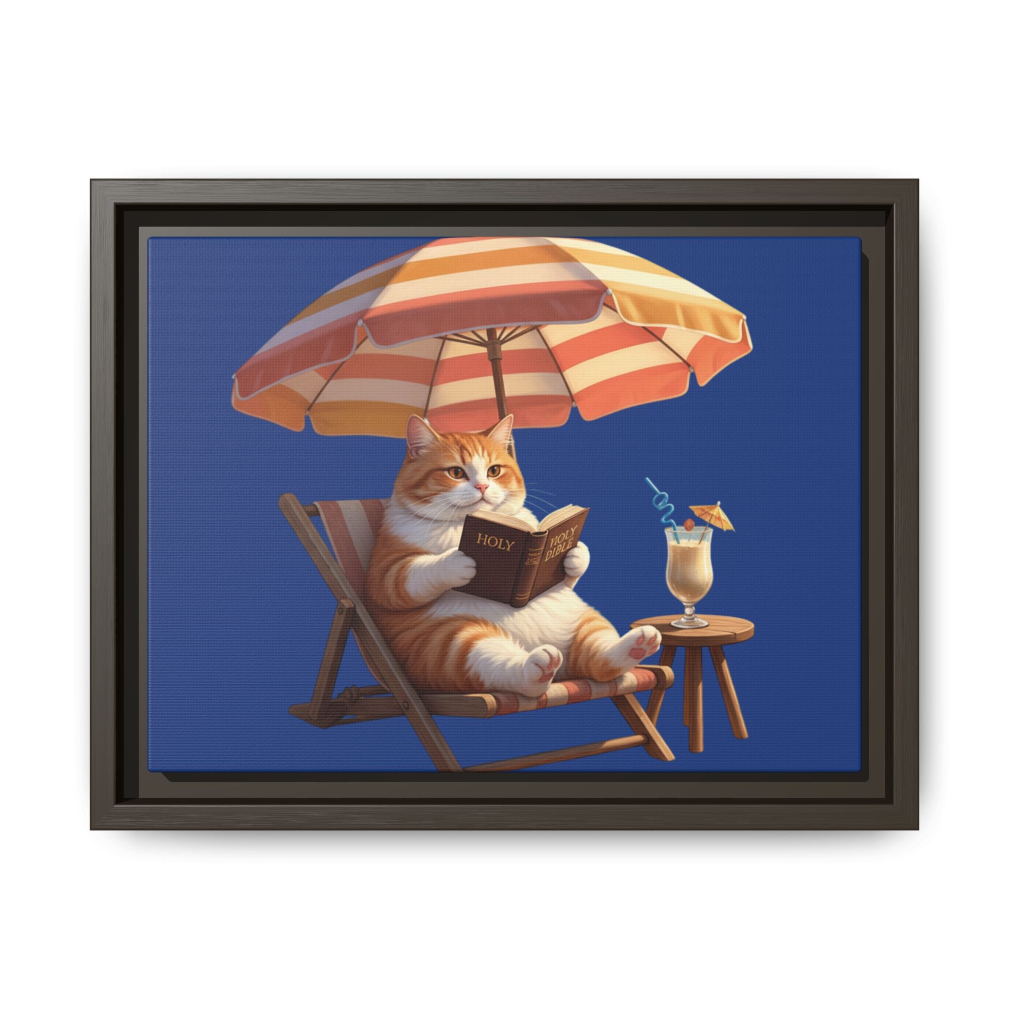 Relaxing Cat on Beach Chair Framed Canvas | Coastal Cat Wall Art