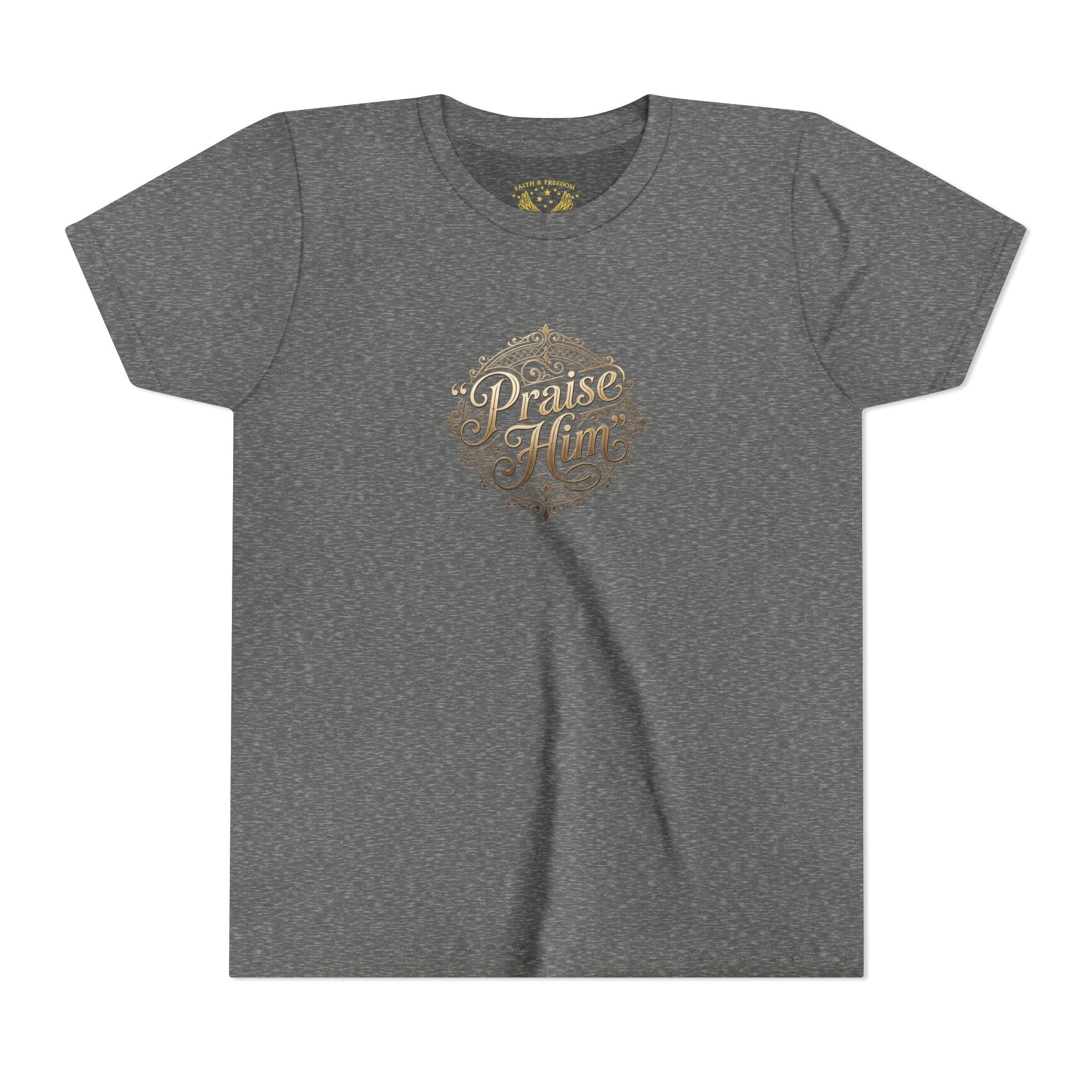 Youth Christian t-shirt featuring the phrase “Praise Him Psalms 34:1” on a soft lightweight tee designed for faith-inspired everyday wear.