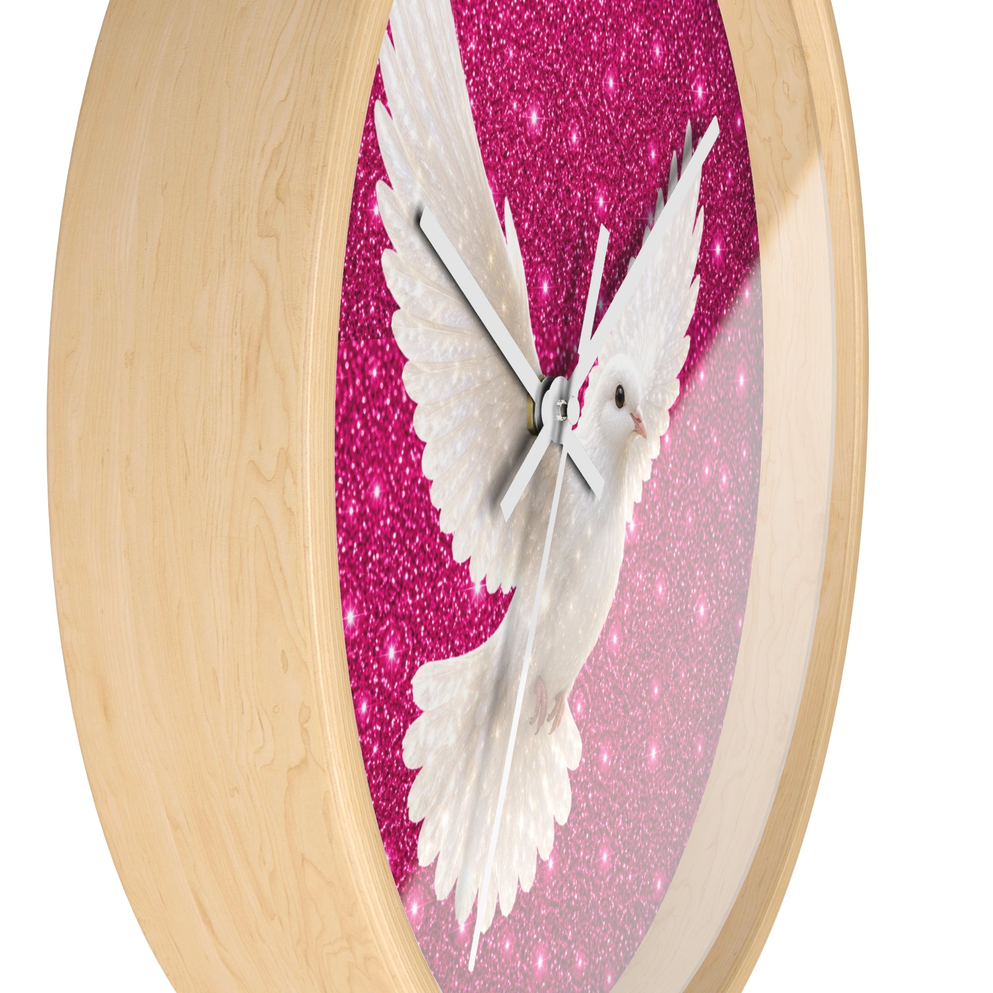 Dove Wall Clock — White Dove on Sparkling Hot Pink Background