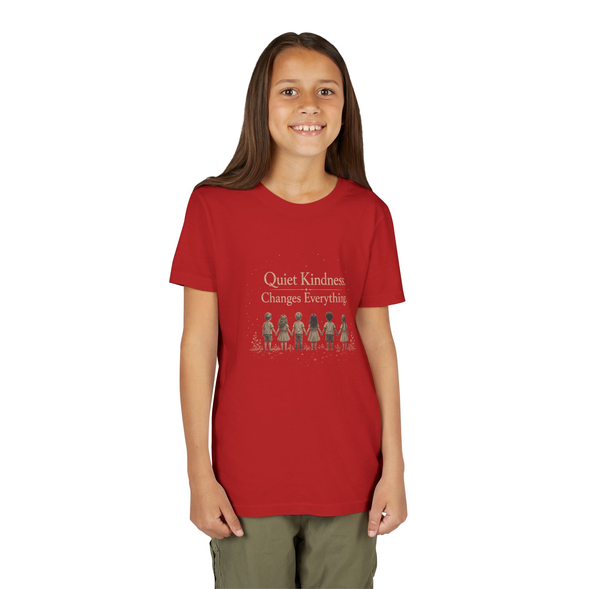 Youth “Quiet Kindness Changes Everything” Tee – Kids Inspirational T-Shirt with Earth & Friends Graphic