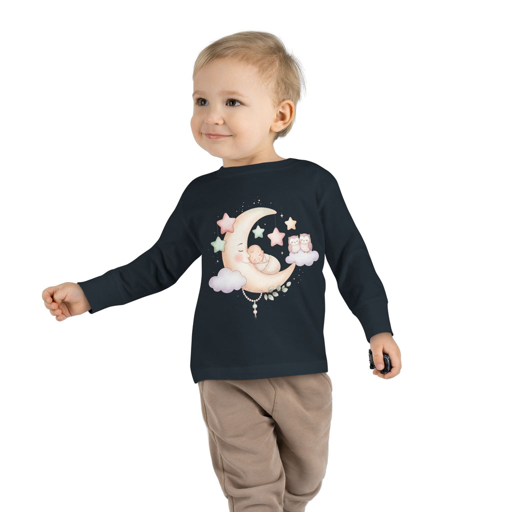 Baby Moon & Owl Toddler Long Sleeve Tee – Pastel Sleepy Moon Nursery Shirt | Cozy Toddler Pajama Style Tee
