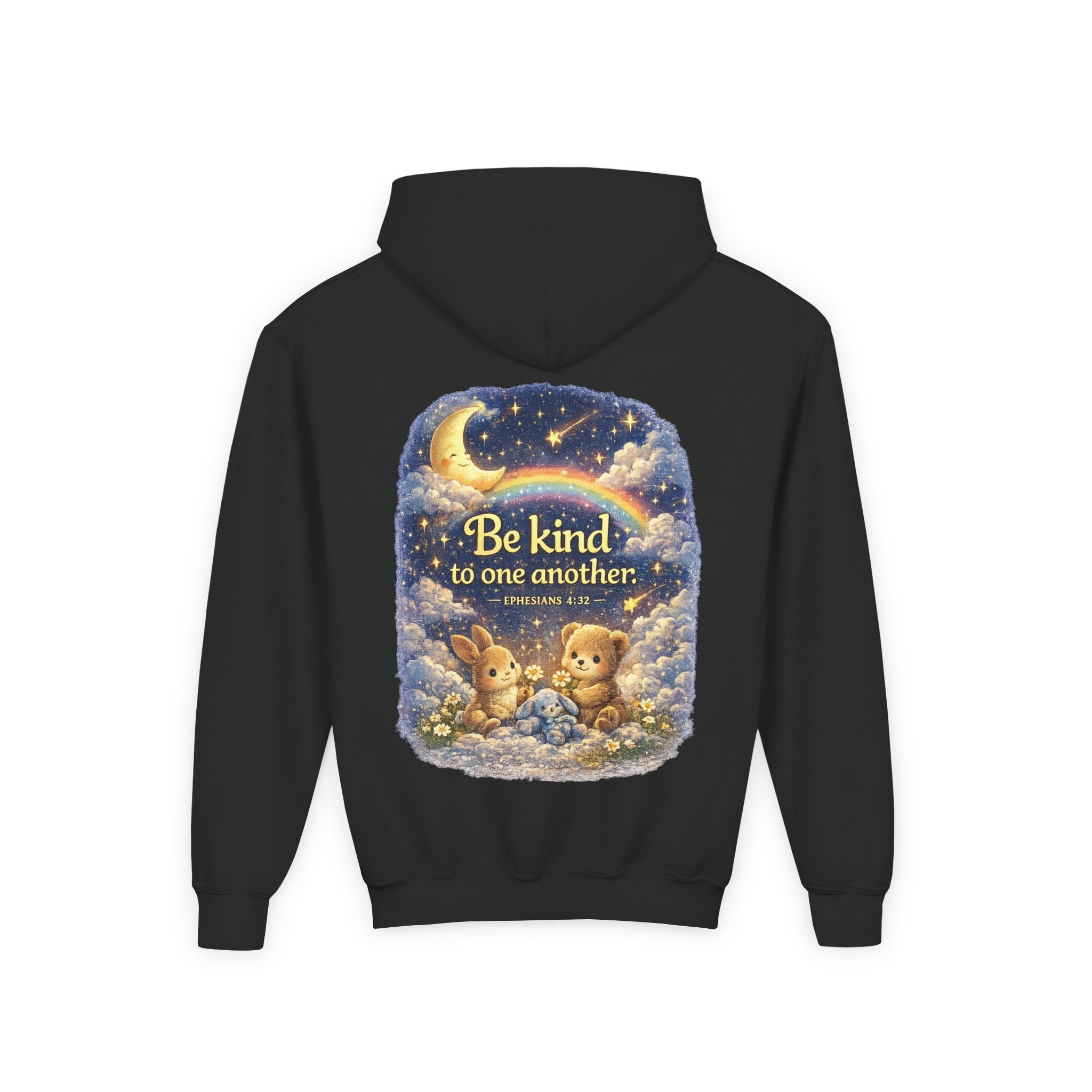 Youth “Be Kind to One Another” Hoodie – Cute Bunny Night Sky Scripture Sweatshirt