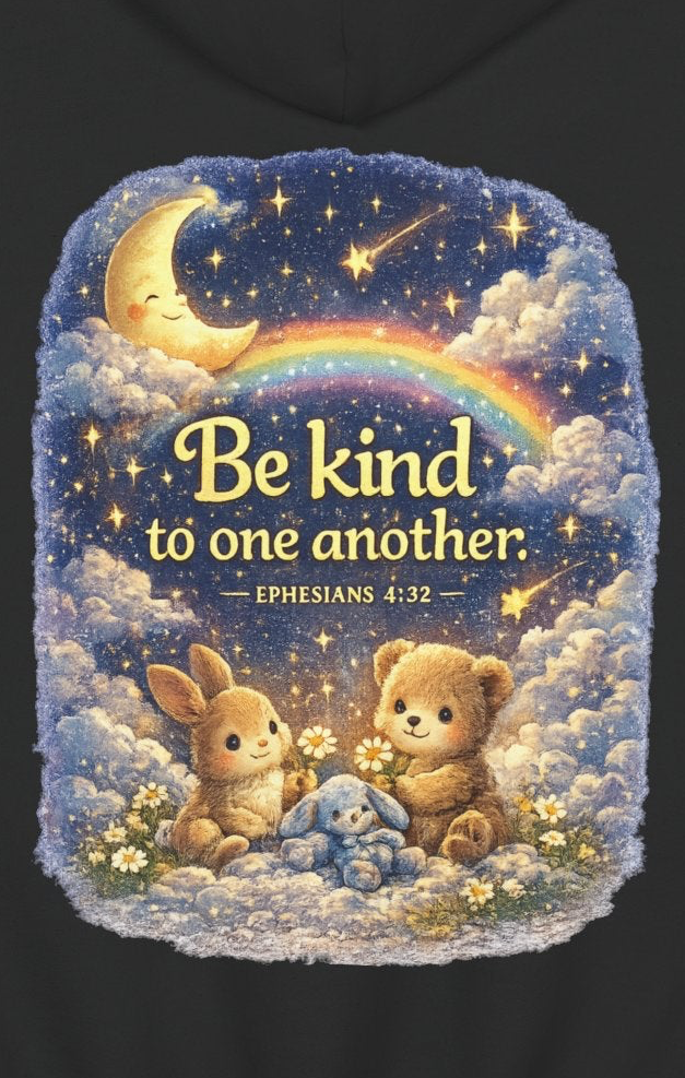 Youth “Be Kind to One Another” Hoodie – Cute Bunny Night Sky Scripture Sweatshirt
