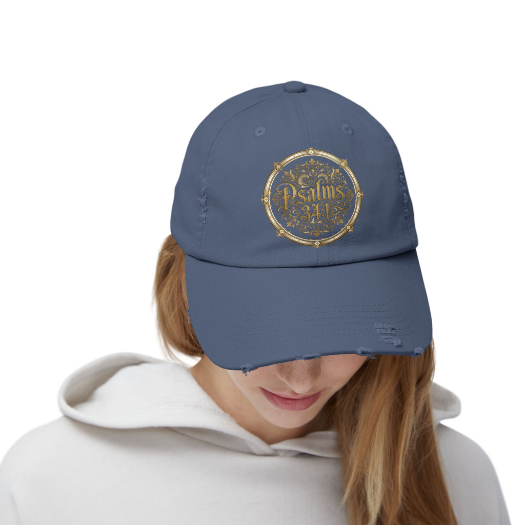 Distressed Black Cap – Psalm 23:1 Vintage Gold Emblem Hat | Faith & Freedom Creations