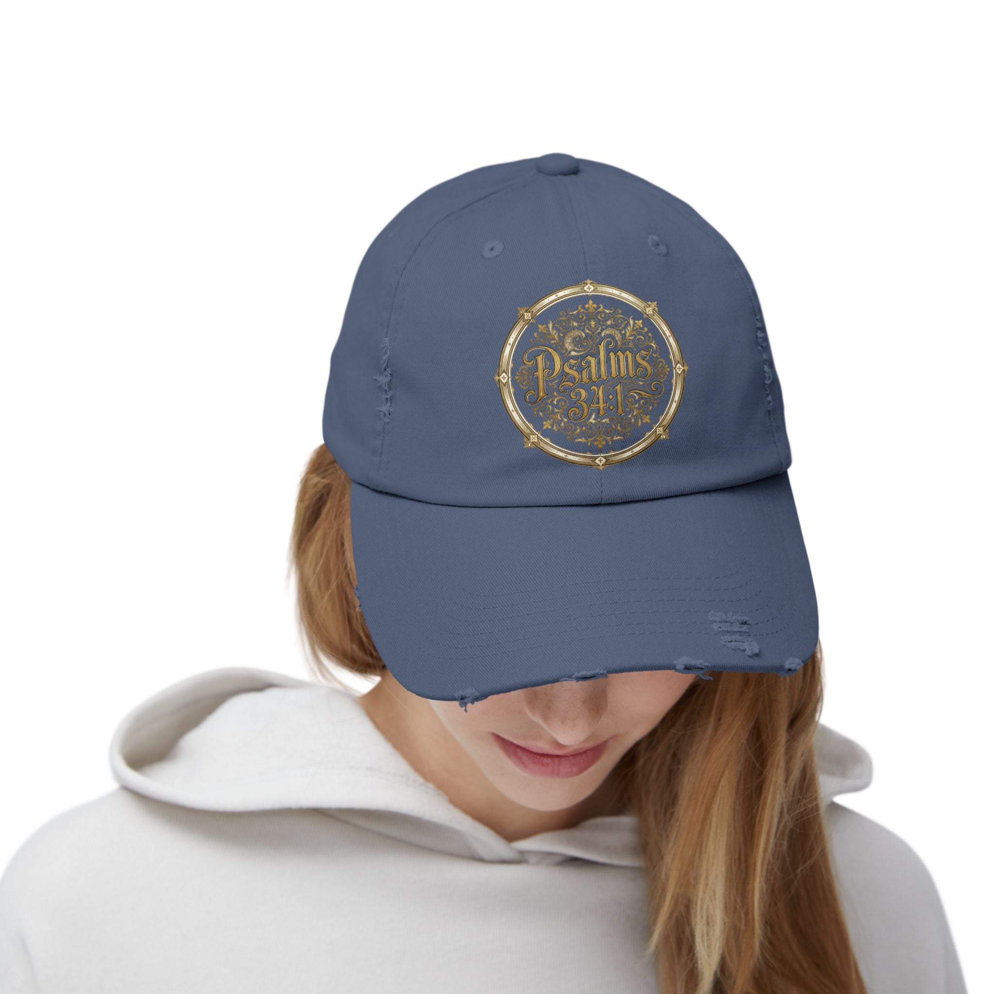 Distressed Black Cap – Psalm 23:1 Vintage Gold Emblem Hat | Faith & Freedom Creations