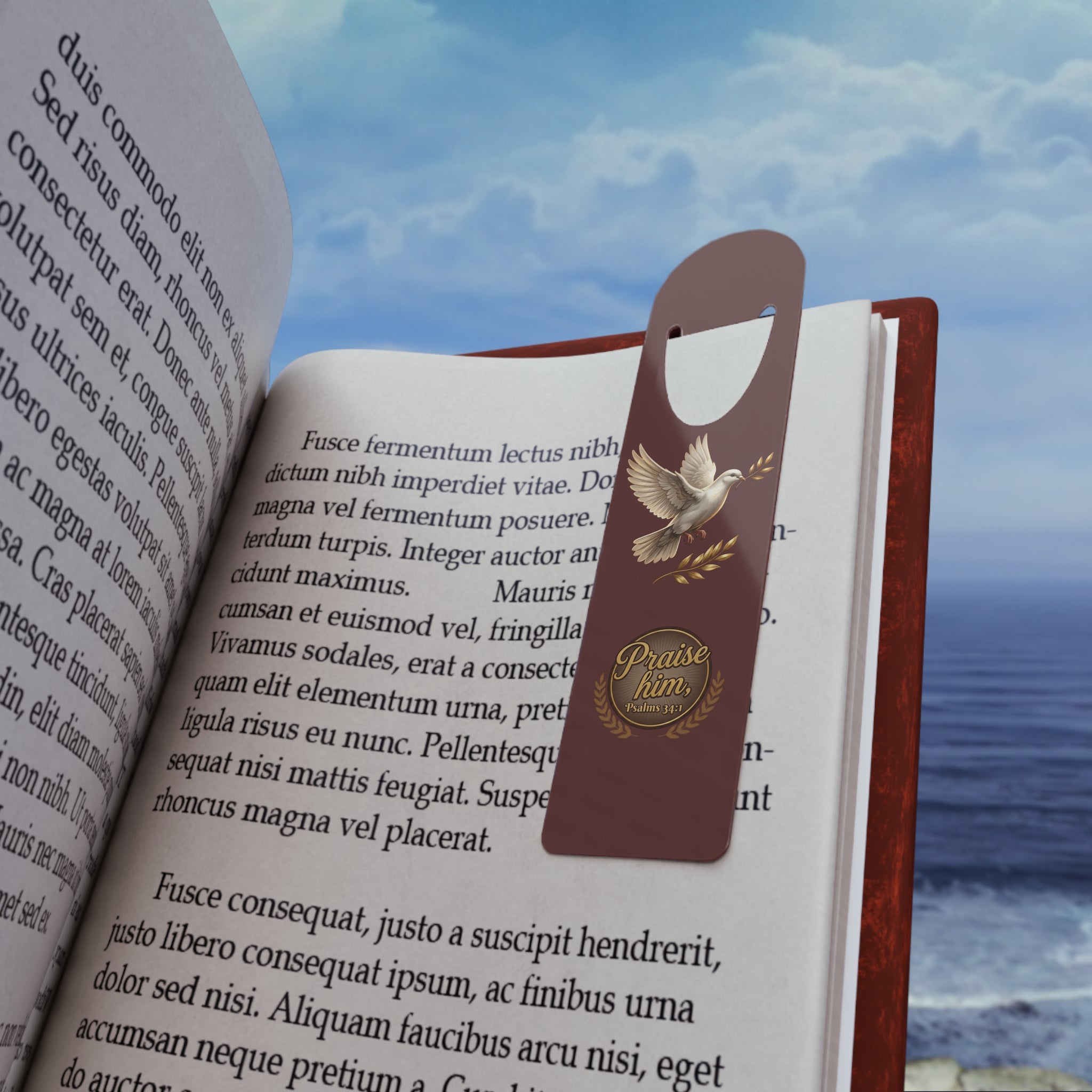 Inspirational Christian aluminum bookmark featuring a dove and laurel design with “Praise Him” and Psalm 34:1 on a rich maroon background, finished with a brushed metal backing and secure page-holding slot.
