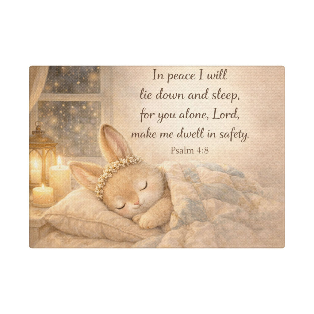 Sleeping Bunny Canvas — Psalm 4:8 Nursery Wall Art | Christian Baby Room Decor