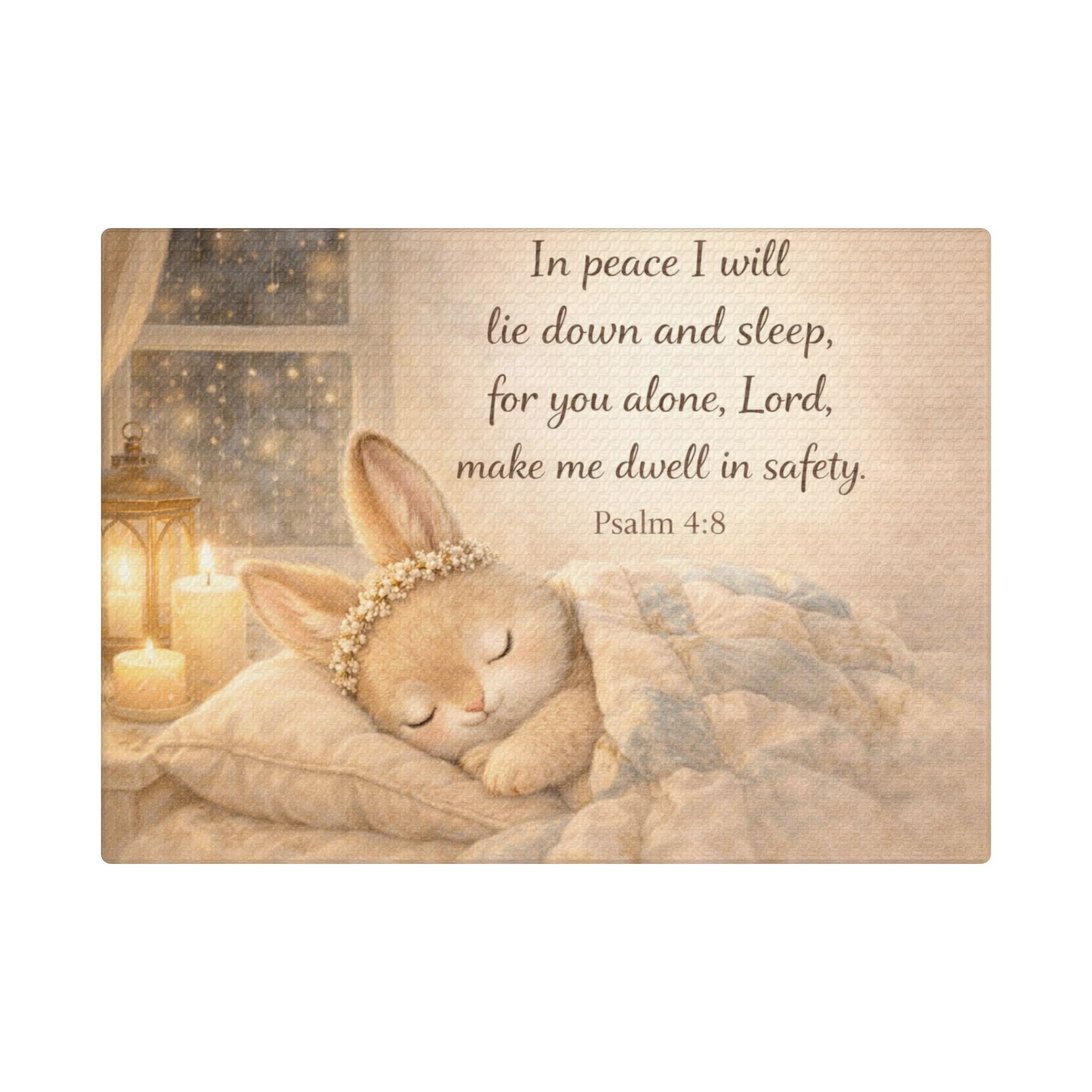 Sleeping Bunny Canvas — Psalm 4:8 Nursery Wall Art | Christian Baby Room Decor