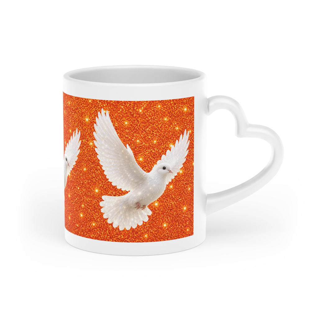 White ceramic heart-shaped handle mug featuring elegant white doves flying across a sparkling orange background with vibrant wraparound artwork.