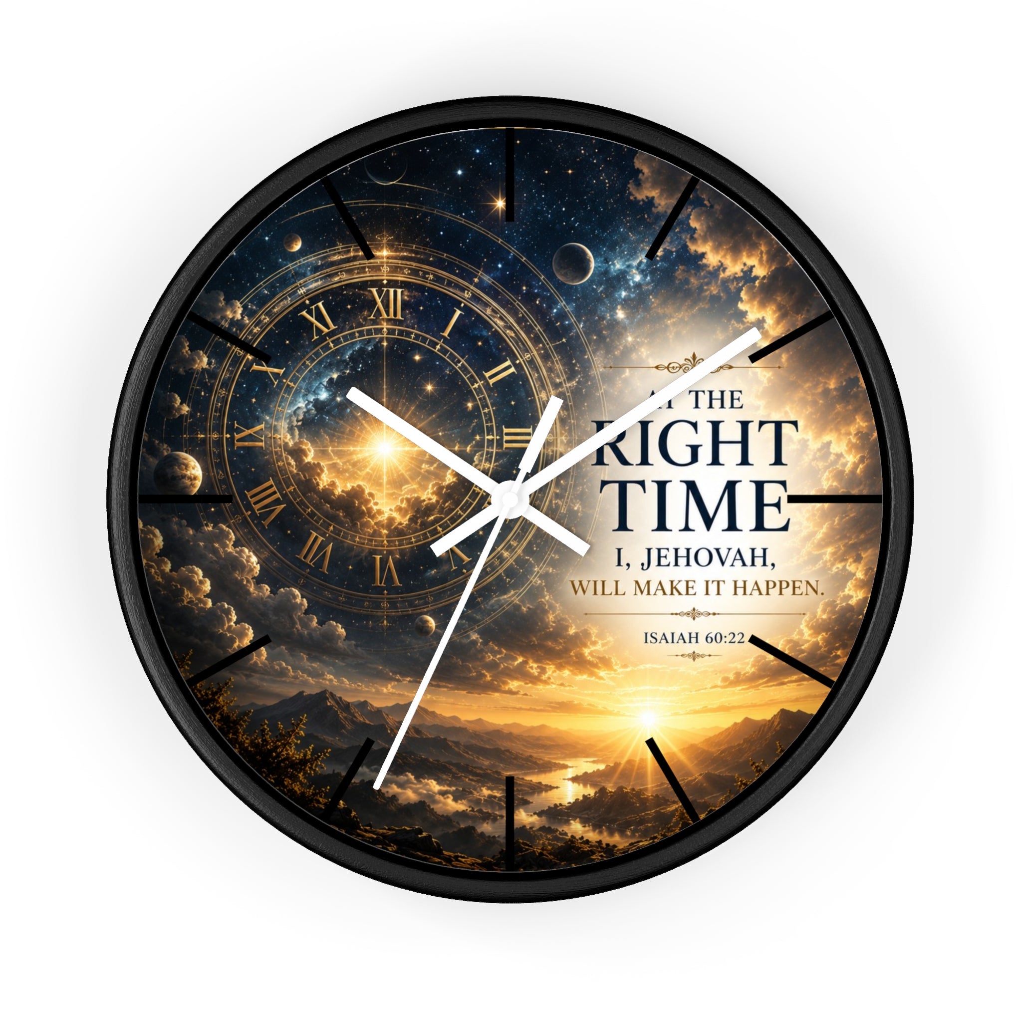 Bring peaceful encouragement into your home with this Isaiah 60:22 wall clock featuring celestial artwork, a golden sunrise, silent movement, and the comforting promise: “The Right Time, I Jehovah Will Make It Happen.”