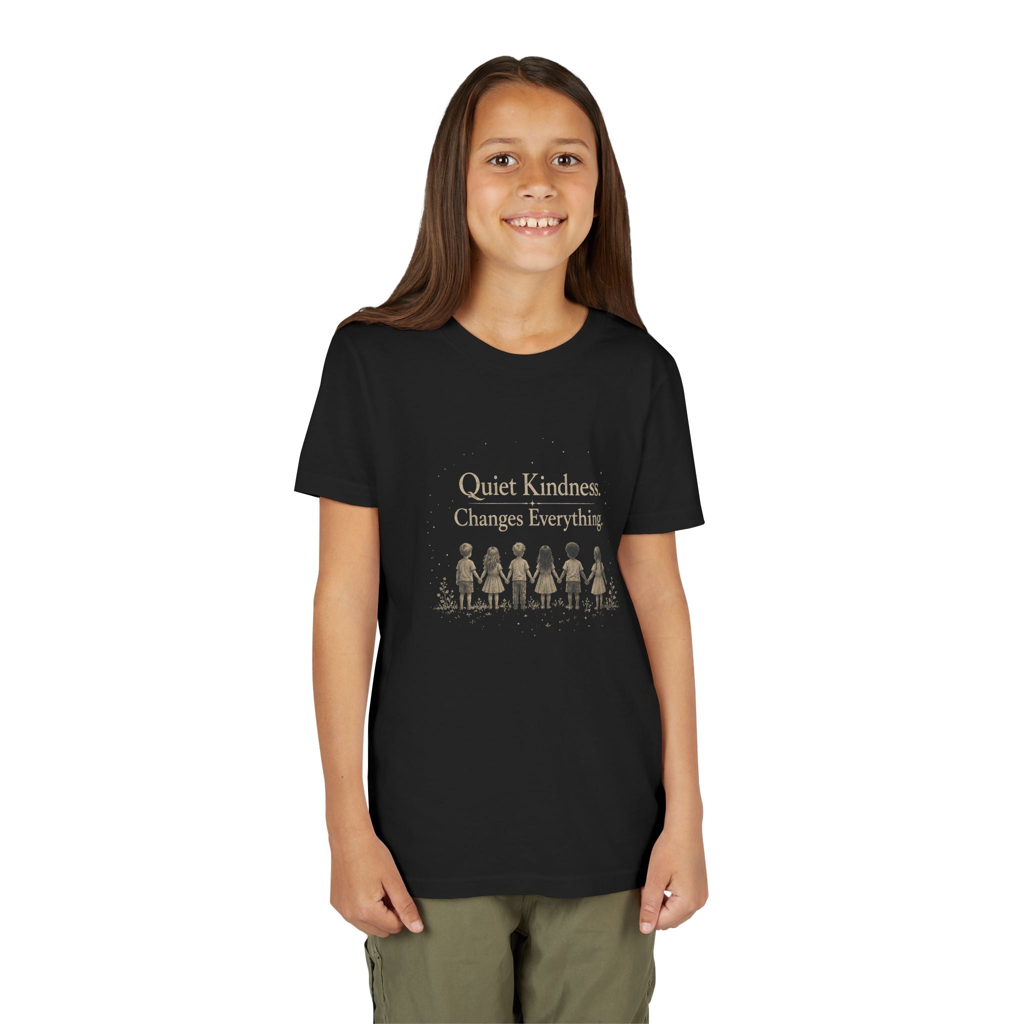 Youth “Quiet Kindness Changes Everything” Tee – Kids Inspirational T-Shirt with Earth & Friends Graphic
